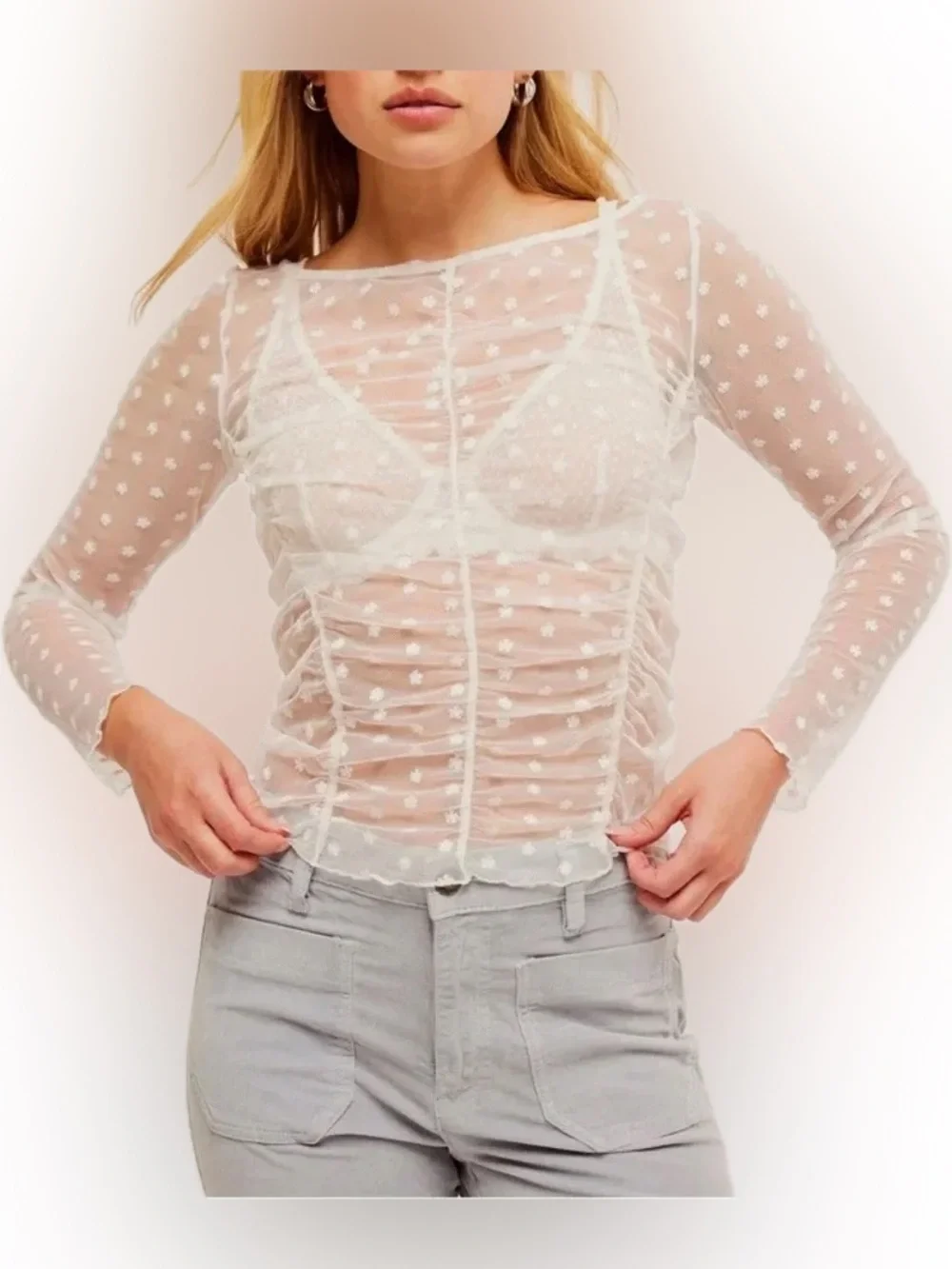 Intimately Free People Most Likely Sheer Ivory Floral Long-Sleeve Layering Top